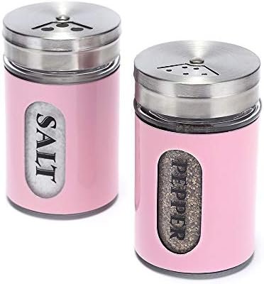 Salt and Pepper Shakers Stainless Steel and Glass Set with Adjustable Pour Holes (Pink)