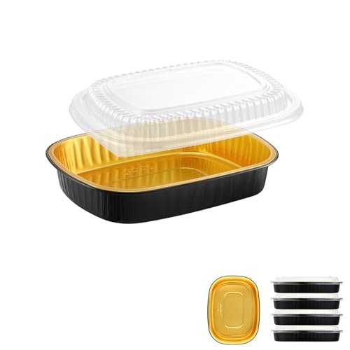 50oz Oval Aluminum Foil Pans with Snap-On Lids, 5 Pack | Black and Gold Design, 2X Thicker Foil, Ideal for Catering, Takeout and Party Serving