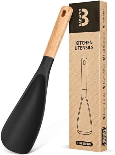 Cooking Spoon for Nonstick Cookwares, Great for Cooking and Serving Sturdy BPA-Free Matte Silicone, Wood Handle Spoon for Mixing, Scoop, and Scrape (BLACK, 11.4 inch)