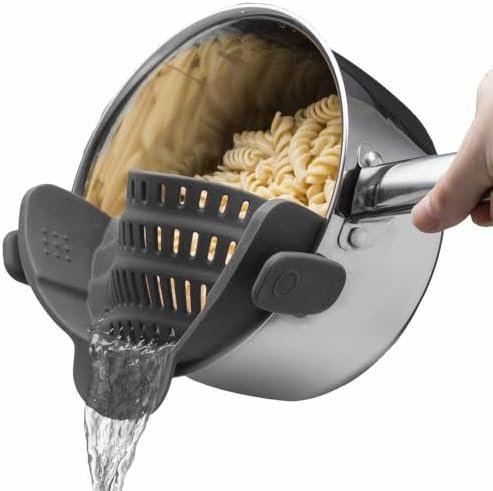 Silicone Pot Strainer, Emptycolor Adjustable Clip On Strainer for Pots Pans, Heat Resistant Pot Drainer, Kitchen Pasta Colander for Vegetables and Noodles (Grey)