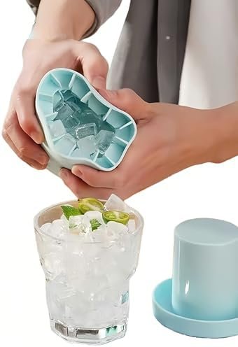 3D Upgraded Silicone Ice Cube Tray with Easy Release-30 Cubes, Leak-Proof&Space-Saving for Freezer,RV,Office-BPA-Free Fast Ice Maker for Drinks,Cocktails, Party (Includes Travel Ice Bucket) (Blue)